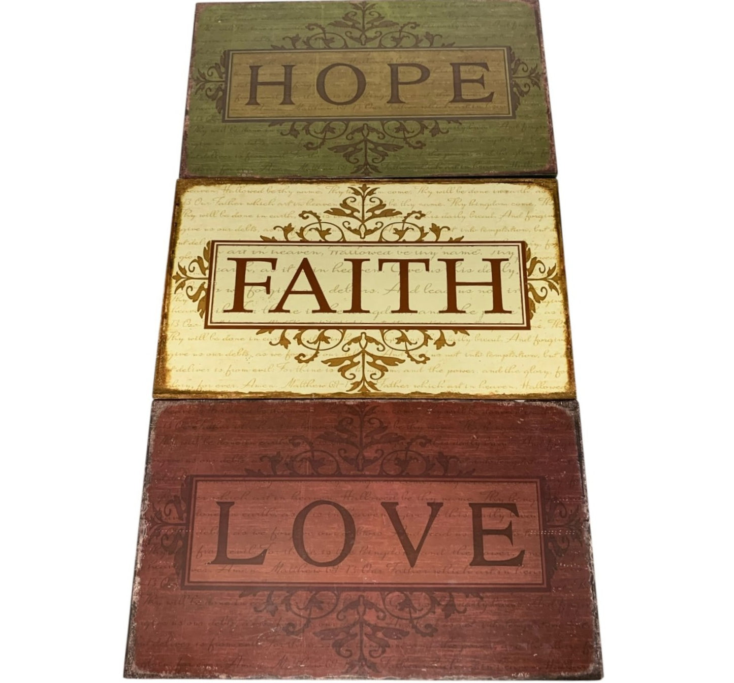 9414 - Set of Three Wooden Wall Signs: Love, Hope, Faith - 8" x 13.5" Each |TBD|