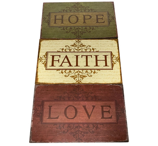 9414 - Set of Three Wooden Wall Signs: Love, Hope, Faith - 8" x 13.5" Each |TBD|
