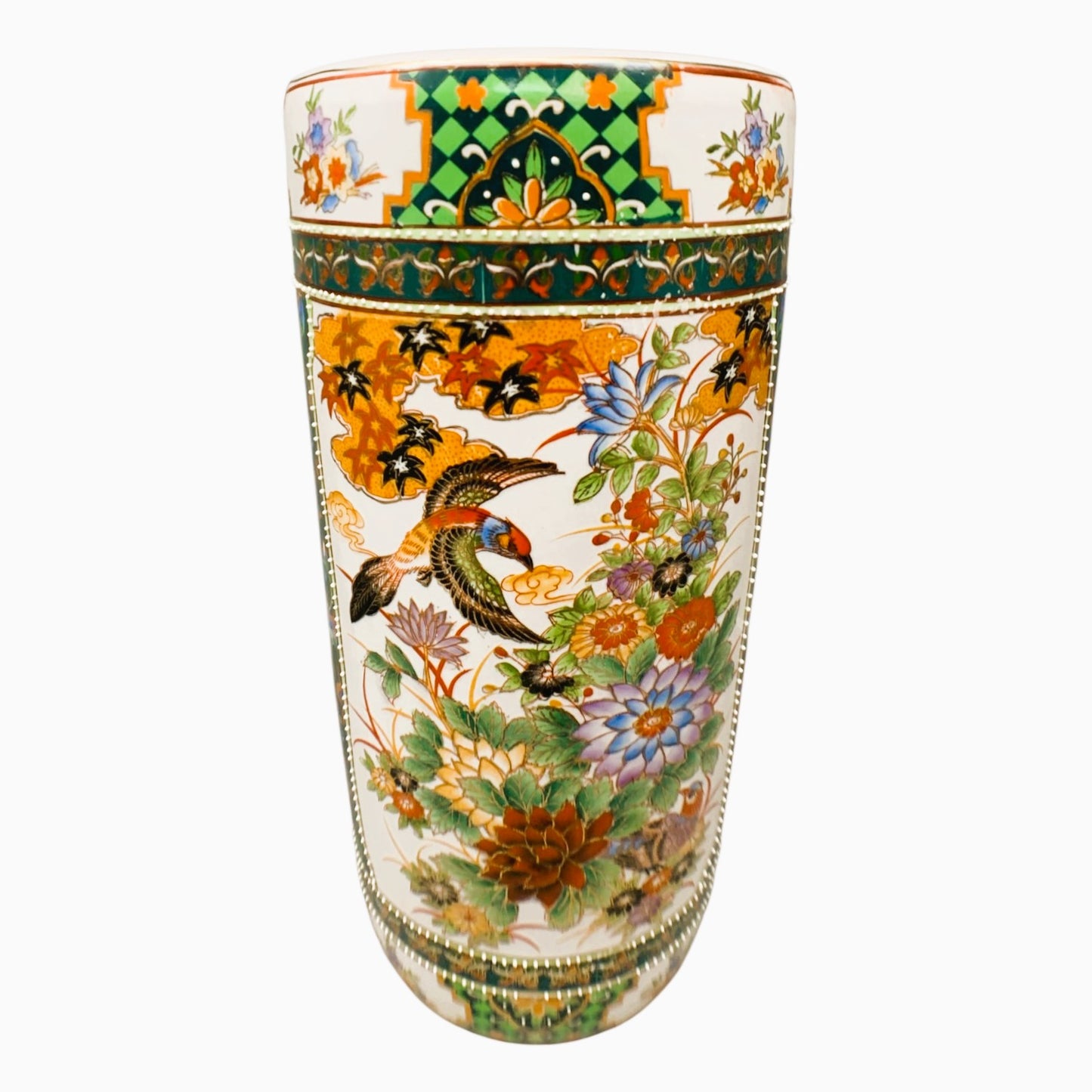 11303 -18-Inch Round Satsuma Porcelain Vase Hand-Painted Bird & Floral Motif |10-16|
