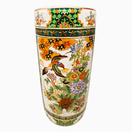 11303 -18-Inch Round Satsuma Porcelain Vase Hand-Painted Bird & Floral Motif |10-16|