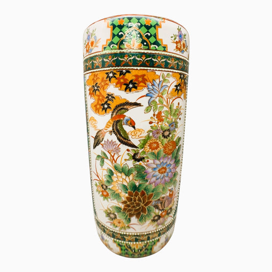 11303 -18-Inch Round Satsuma Porcelain Vase Hand-Painted Bird & Floral Motif |10-16|