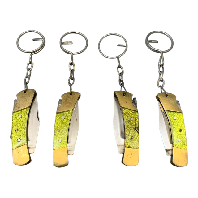 12754 - Set of 4 Yellow Glitter Folding Knife With Keyring 4" Open |81|