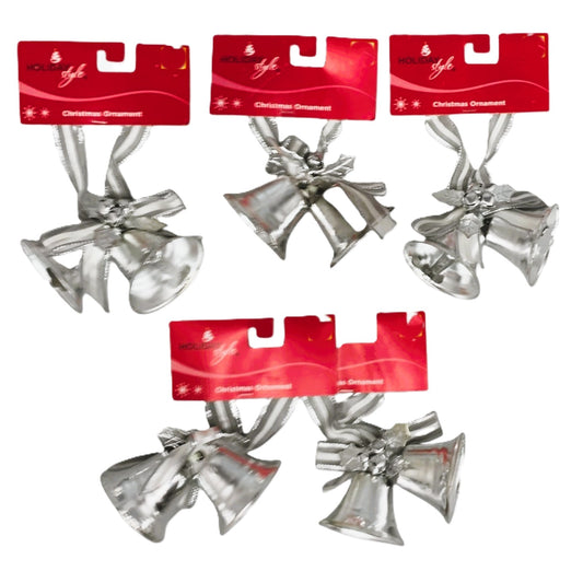 12764 - Set of 5 Silver Double-Bell Christmas Ornaments with Bow 2"|Pod 2-62|