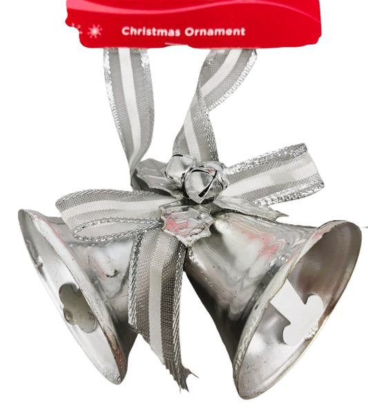 12764 - Set of 5 Silver Double-Bell Christmas Ornaments with Bow 2"|Pod 2-62|
