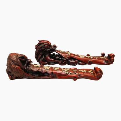 13308 - Two 9-Inch Dragon Incense Holders CaST From faux Red Soapstone With Gold-Toned Inscriptions |Z-70|