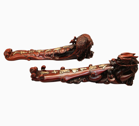 13308 - Two 9-Inch Dragon Incense Holders CaST From faux Red Soapstone With Gold-Toned Inscriptions |Z-70|