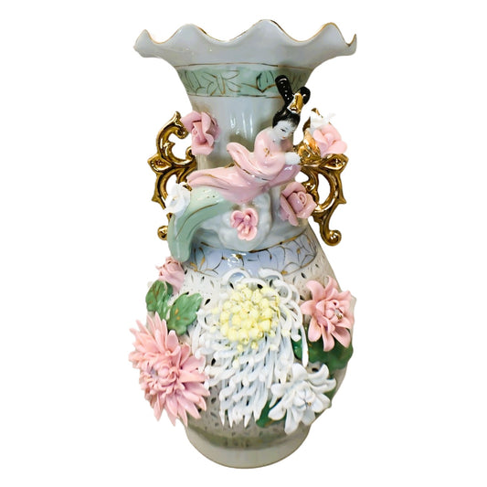 13424 - 13" White Geisha Hand-Painted Porcelain Flower Vase - Reticulated Ceramic Decor |11-20|