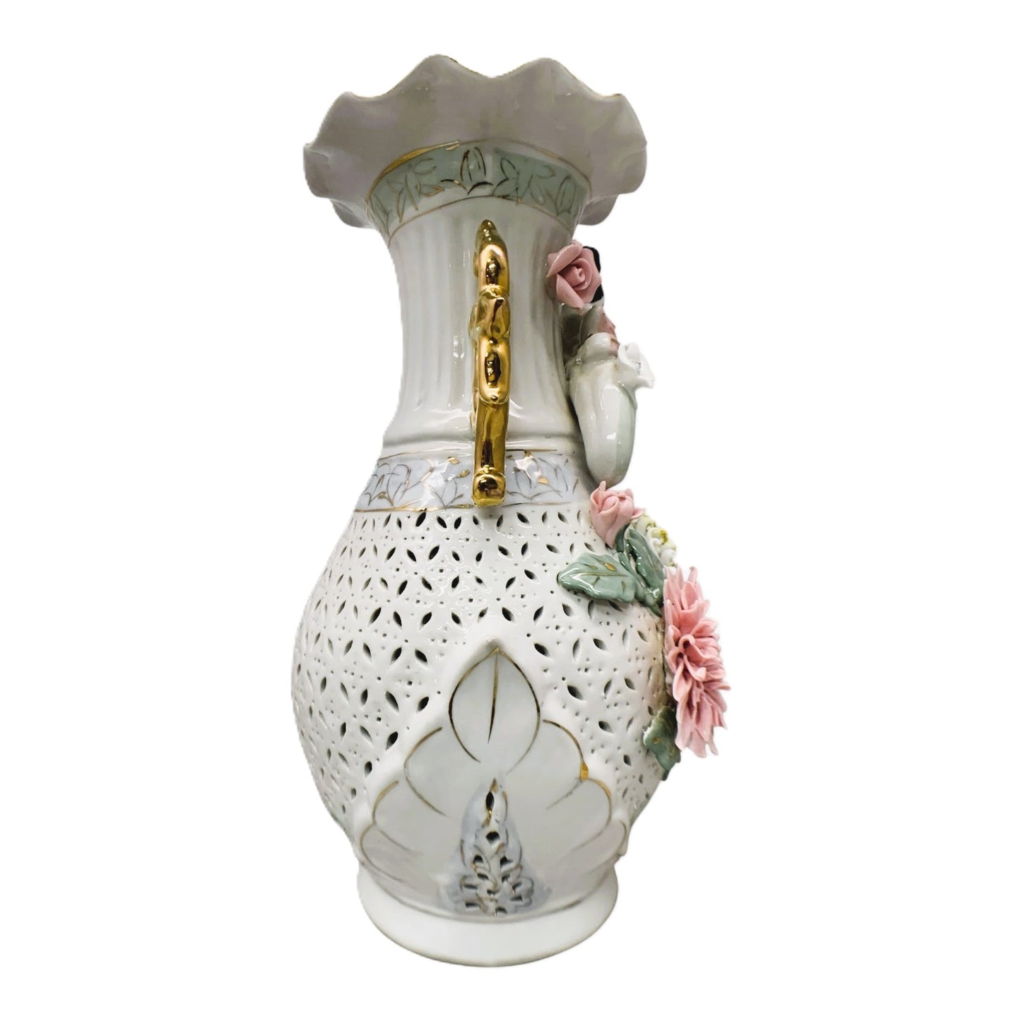 13424 - 13" White Geisha Hand-Painted Porcelain Flower Vase - Reticulated Ceramic Decor |11-20|