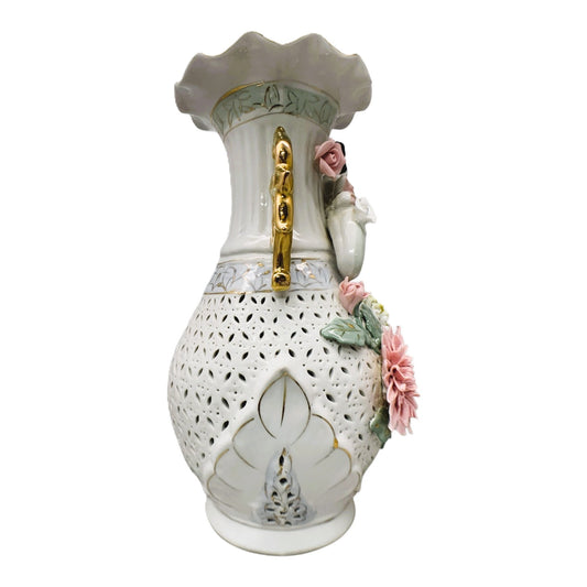 13424 - 13" White Geisha Hand-Painted Porcelain Flower Vase - Reticulated Ceramic Decor |11-20|