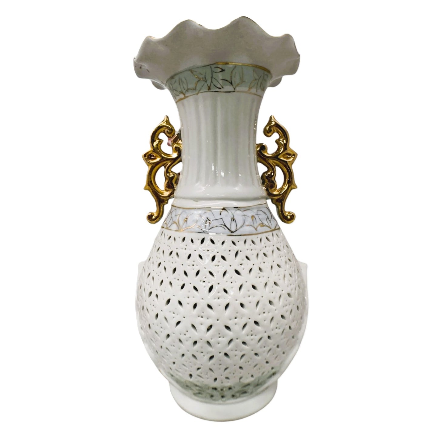 13424 - 13" White Geisha Hand-Painted Porcelain Flower Vase - Reticulated Ceramic Decor |11-20|