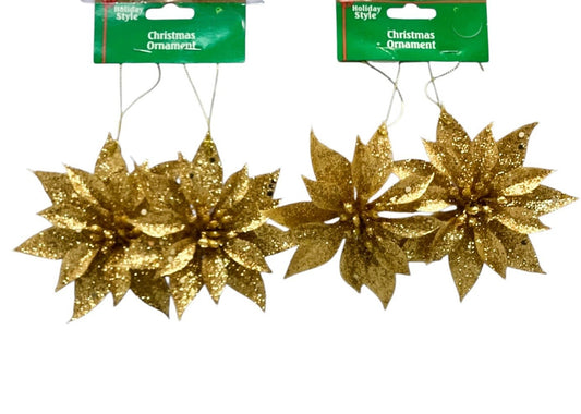 13876 - Set of two 2Pks 4" Gold Poinsettia Ornament |Pod 2-62|