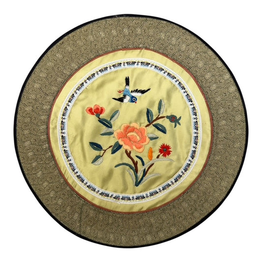 15015 - Vintage Silk 11" Round Embroidery Doily Beautiful Blue Bird and Flowers |17-30|