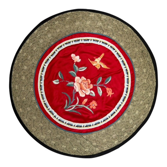 15650 - Vintage Silk 11" Round Embroidery Doily Elegant Pink Flowers w/Yellow Bird |17-30|