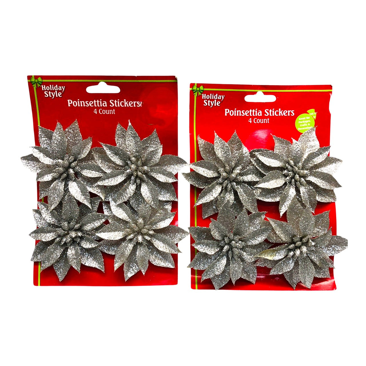 20439 - Set of Two 4 ct 3" Silver Poinsettia Stickers |Pod 2-62|