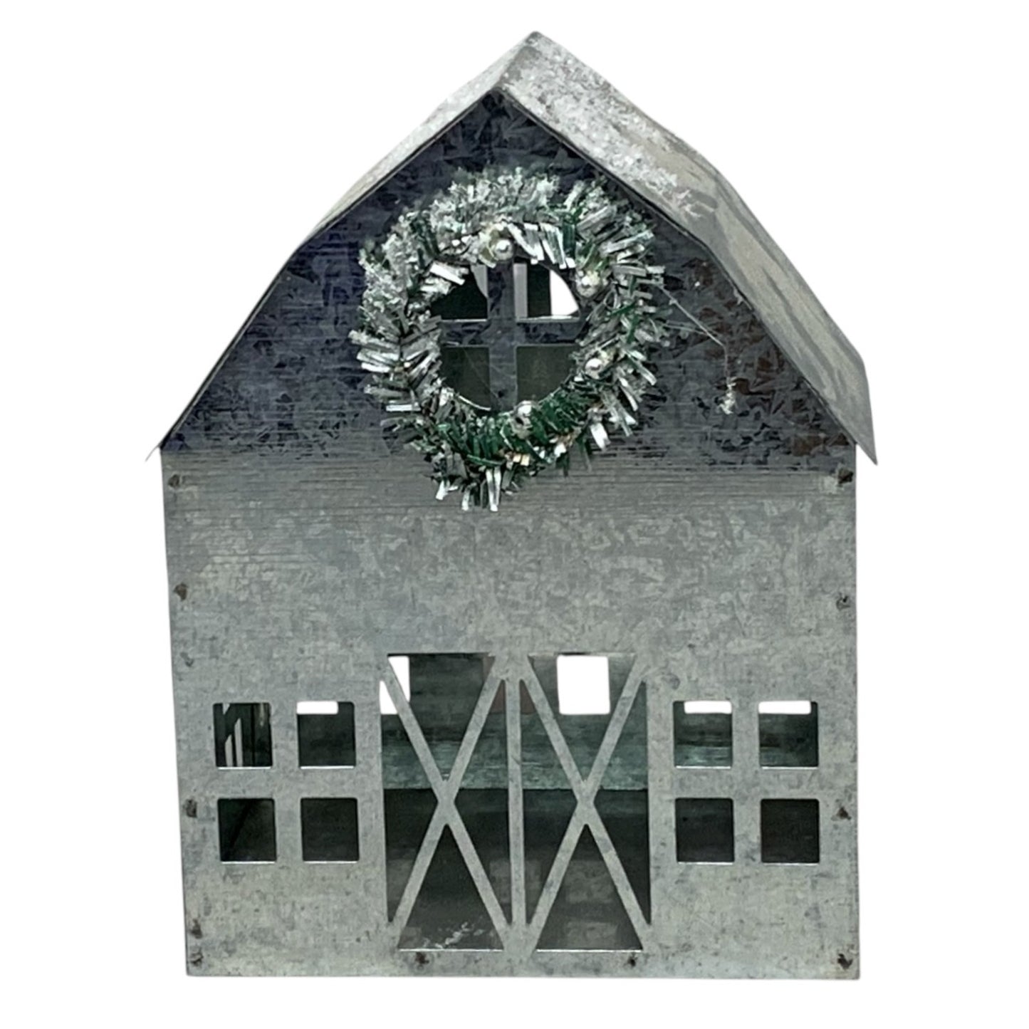 22363 - 8-Inch Silver Metal House Figurine With Miniature Evergreen Wreath |Pod 2-72|