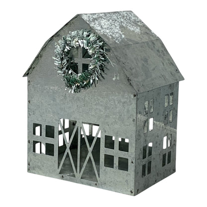 22363 - 8-Inch Silver Metal House Figurine With Miniature Evergreen Wreath |Pod 2-72|