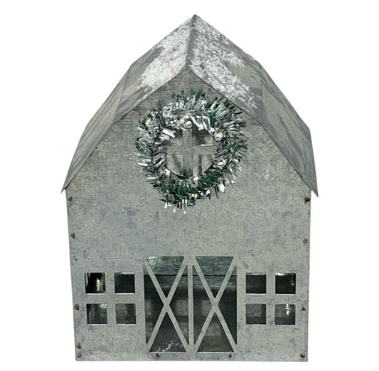 22363 - 8-Inch Silver Metal House Figurine With Miniature Evergreen Wreath |Pod 2-72|