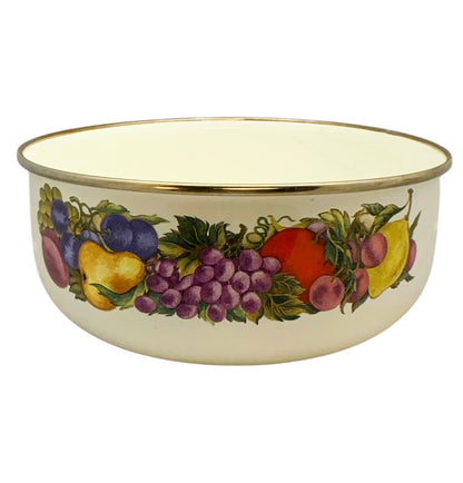 23574- Vintage Cornucopia Enamel Metal Mixing Bowl With Fruit Motif 7-Inch |9-20|