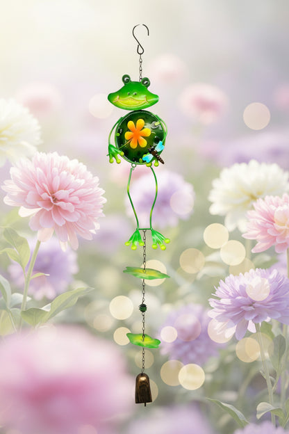25239-28 Inch Metal Green Frog Wind Chime With Lily Pads Outdoor Garden Decor Ornament |G-7|