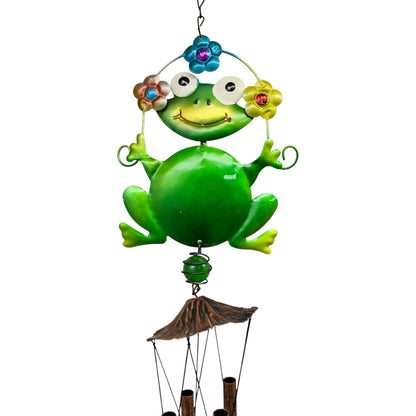25496- 24 Inch Whimsical Frog Under Flower Metal Windchime For Garden Patio Outdoor Decor |G-4|
