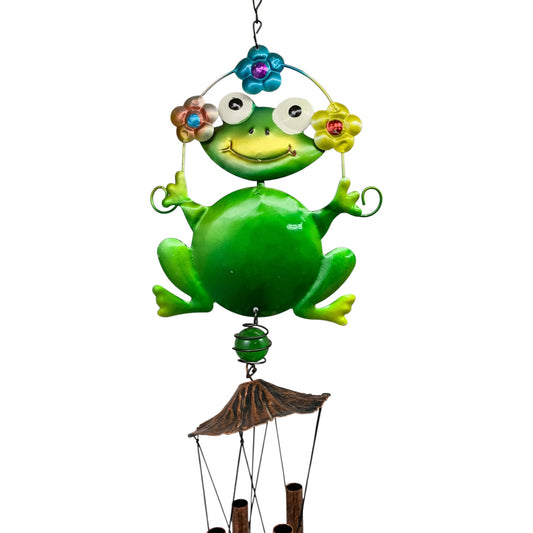 25496- 24 Inch Whimsical Frog Under Flower Metal Windchime For Garden Patio Outdoor Decor |G-4|