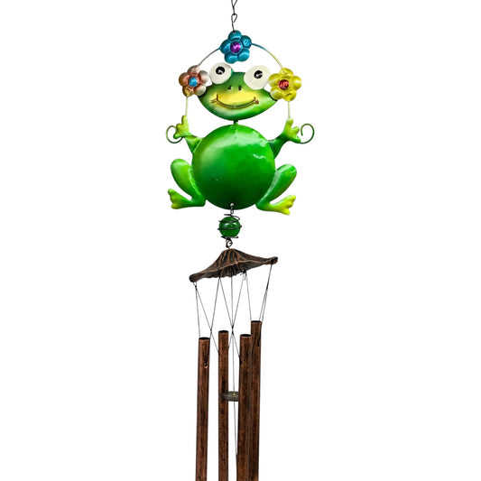 25496- 24 Inch Whimsical Frog Under Flower Metal Windchime For Garden Patio Outdoor Decor |G-4|