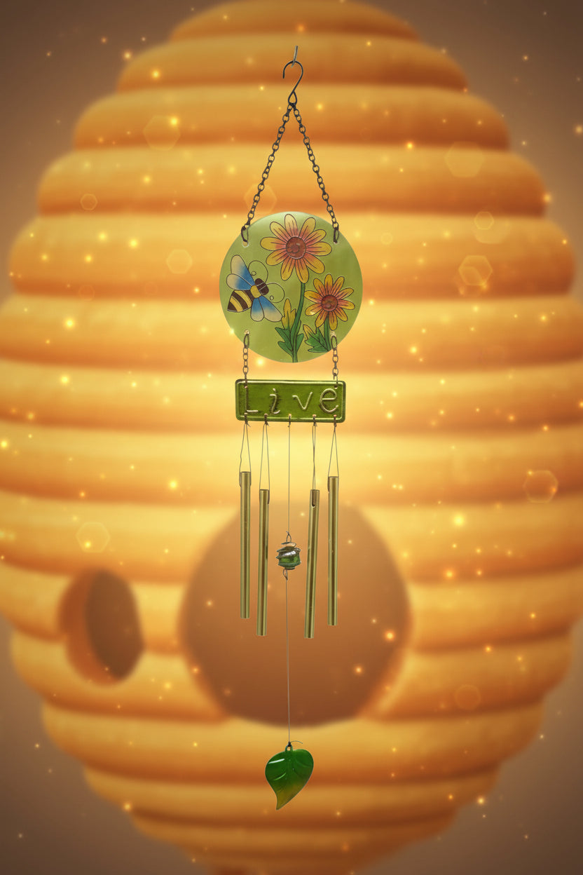 25498- Glass And Metal Bee Wind Chime 21 Inch Outdoor Garden Decor With Floral Circle Pendant And Brass Tubes |G-7|