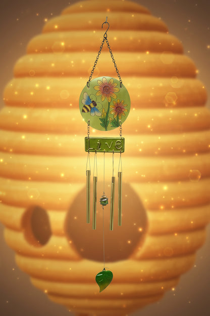 25498- Glass And Metal Bee Wind Chime 21 Inch Outdoor Garden Decor With Floral Circle Pendant And Brass Tubes |G-7|