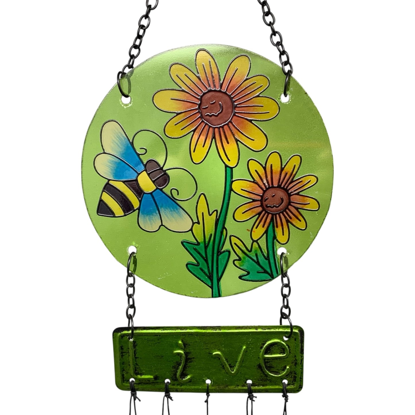 25498- Glass And Metal Bee Wind Chime 21 Inch Outdoor Garden Decor With Floral Circle Pendant And Brass Tubes |G-7|