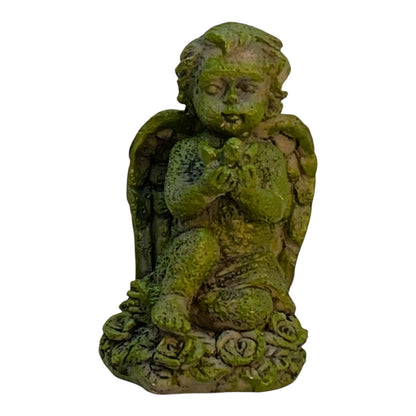 28058 - - 3" Sitting Cherub with Bird Garden Statue - Faux Moss & Grey Patina|X-26|