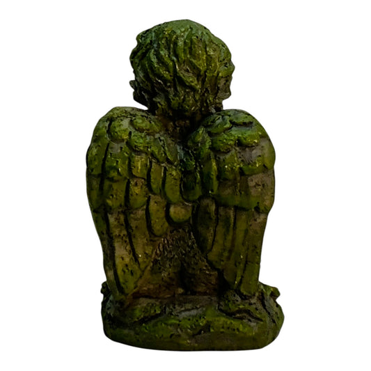28058 - - 3" Sitting Cherub with Bird Garden Statue - Faux Moss & Grey Patina|X-26|