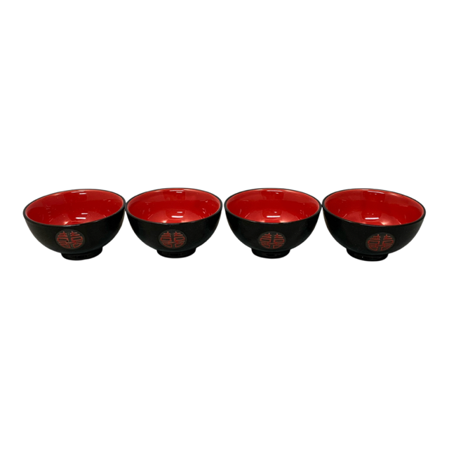 28072 - Set of Four 5-Inch Black and Red Bowls With Double Happiness Symbol |21-23|