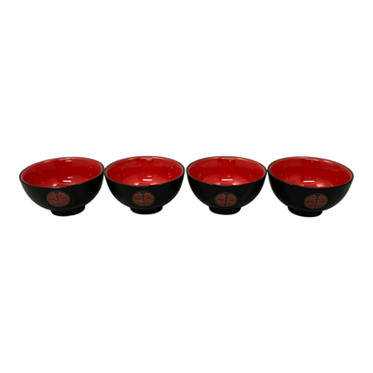 28072 - Set of Four 5-Inch Black and Red Bowls With Double Happiness Symbol |21-23|