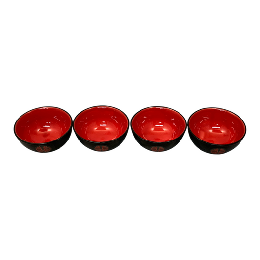 28072 - Set of Four 5-Inch Black and Red Bowls With Double Happiness Symbol |21-23|