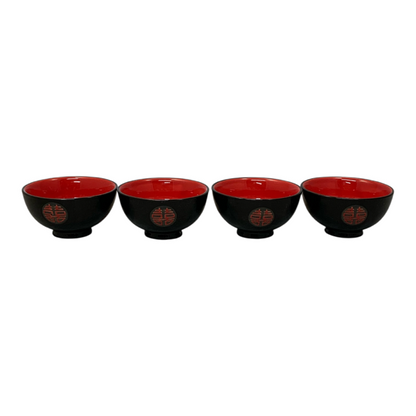28072 - Set of Four 5-Inch Black and Red Bowls With Double Happiness Symbol |21-23|