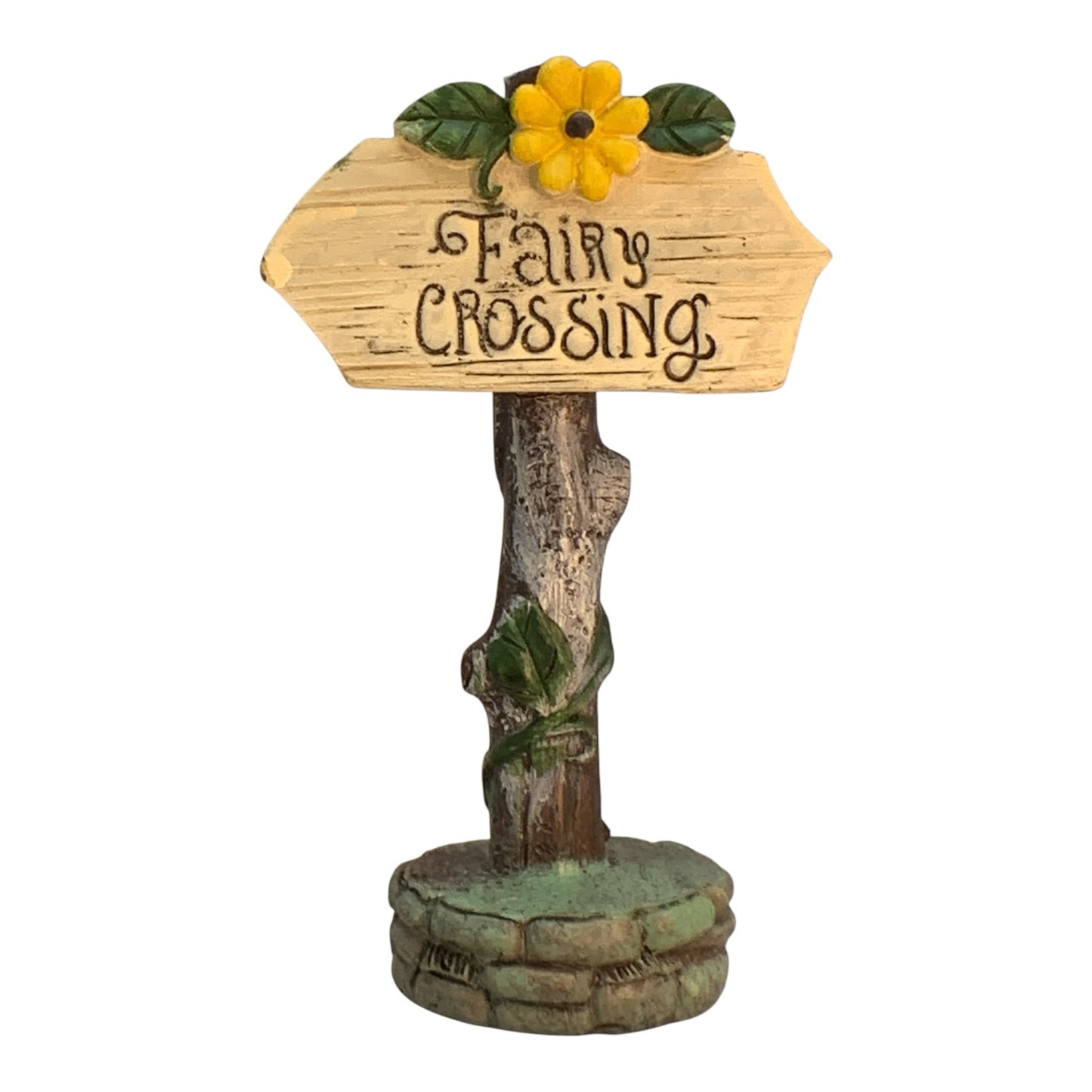 36083 -6" Fairy Crossing Garden Sign with Yellow Daisy & Vine-Wrapped Post |5-15|