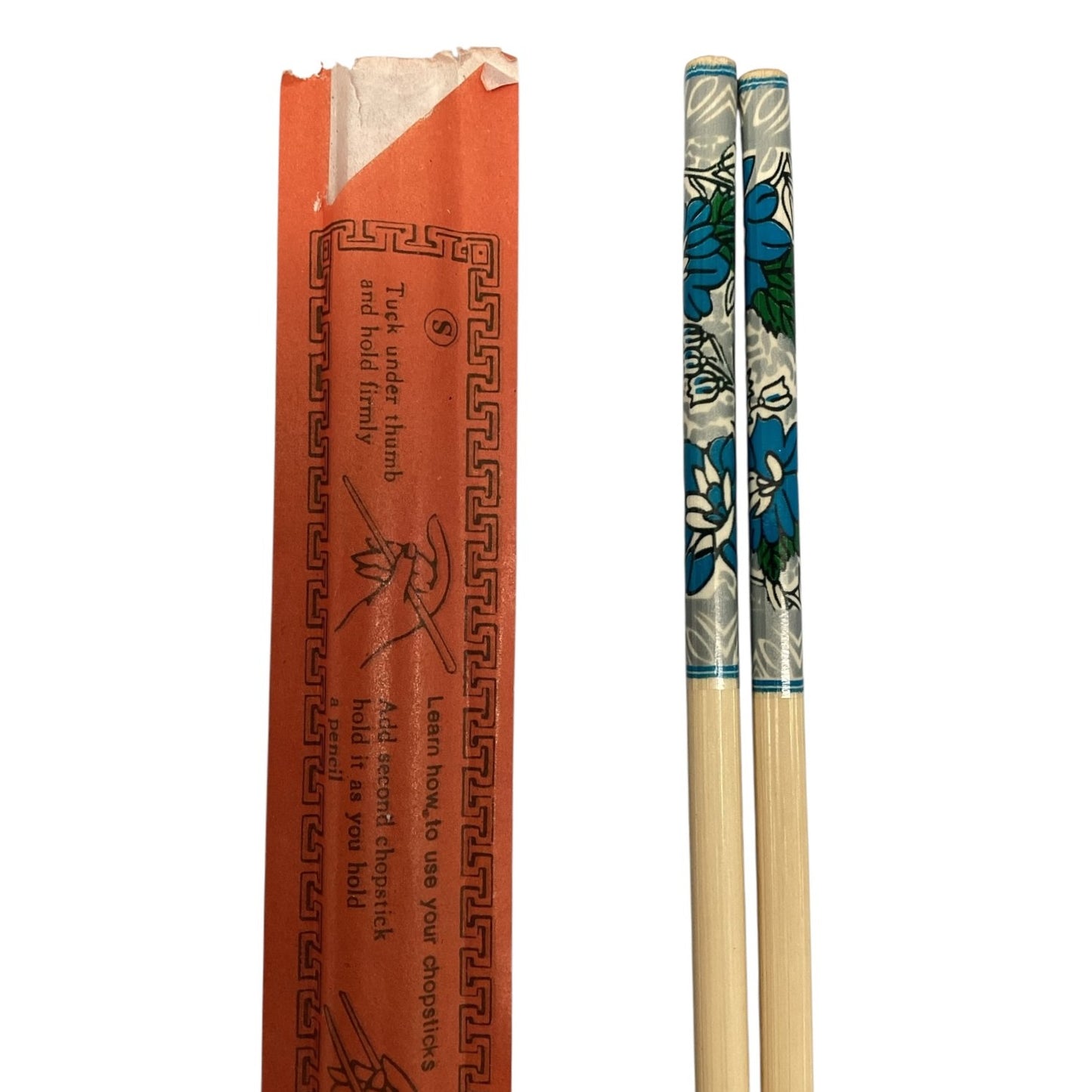 39912 - Chopsticks Set of Eight Pair Blue Flowers in Bloom Design Natural Wood |18-27|
