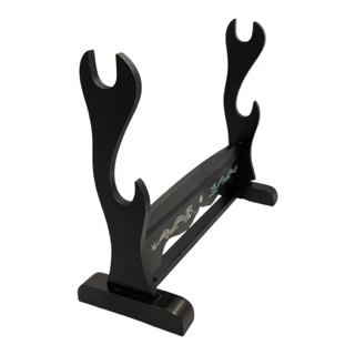 41139 - Wood Double Sword Desktop Stand With Dragon Emblems 15"x15" |87|