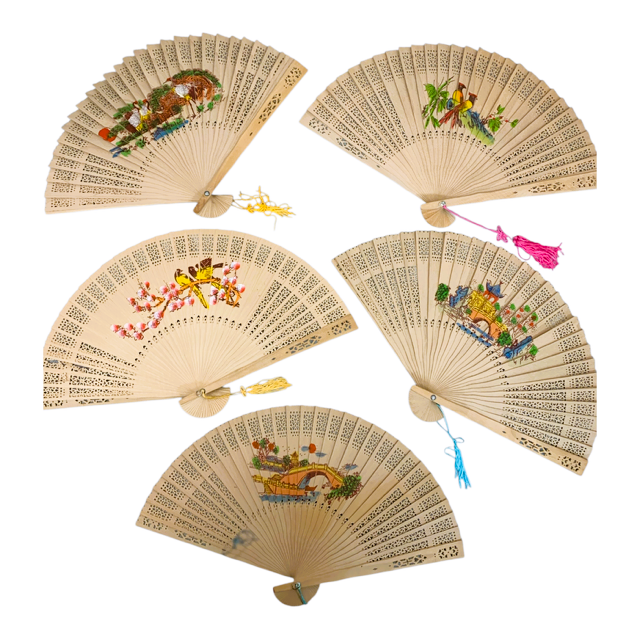 48302 - Set of Five Decorative 9" Hand-Painted Wood Fans Assorted Designs |12-23.5|