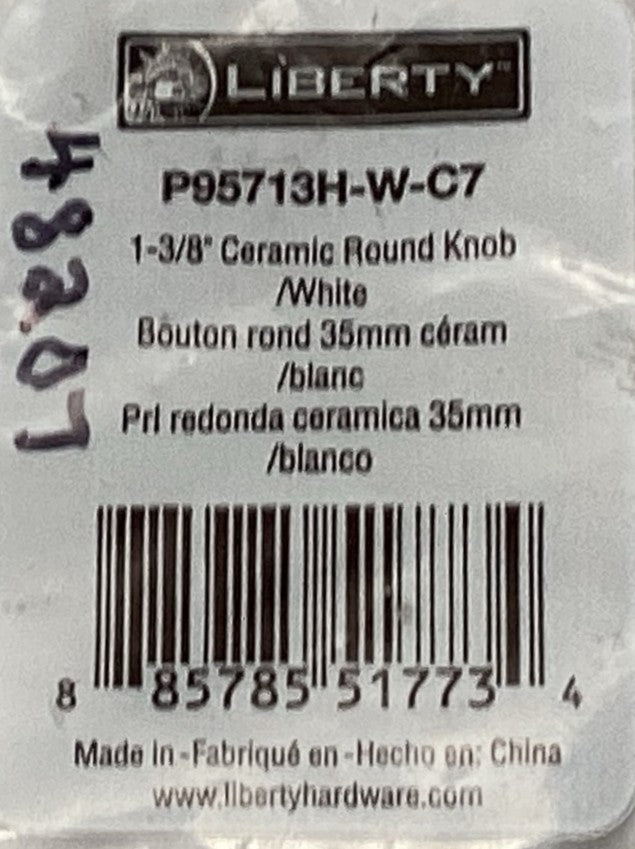 48207 - 1 3/8" Ceramic Round Knob White P95713H-W-C7 |5-10|