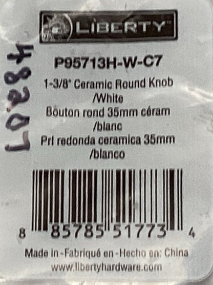48207 - 1 3/8" Ceramic Round Knob White P95713H-W-C7 |5-10|