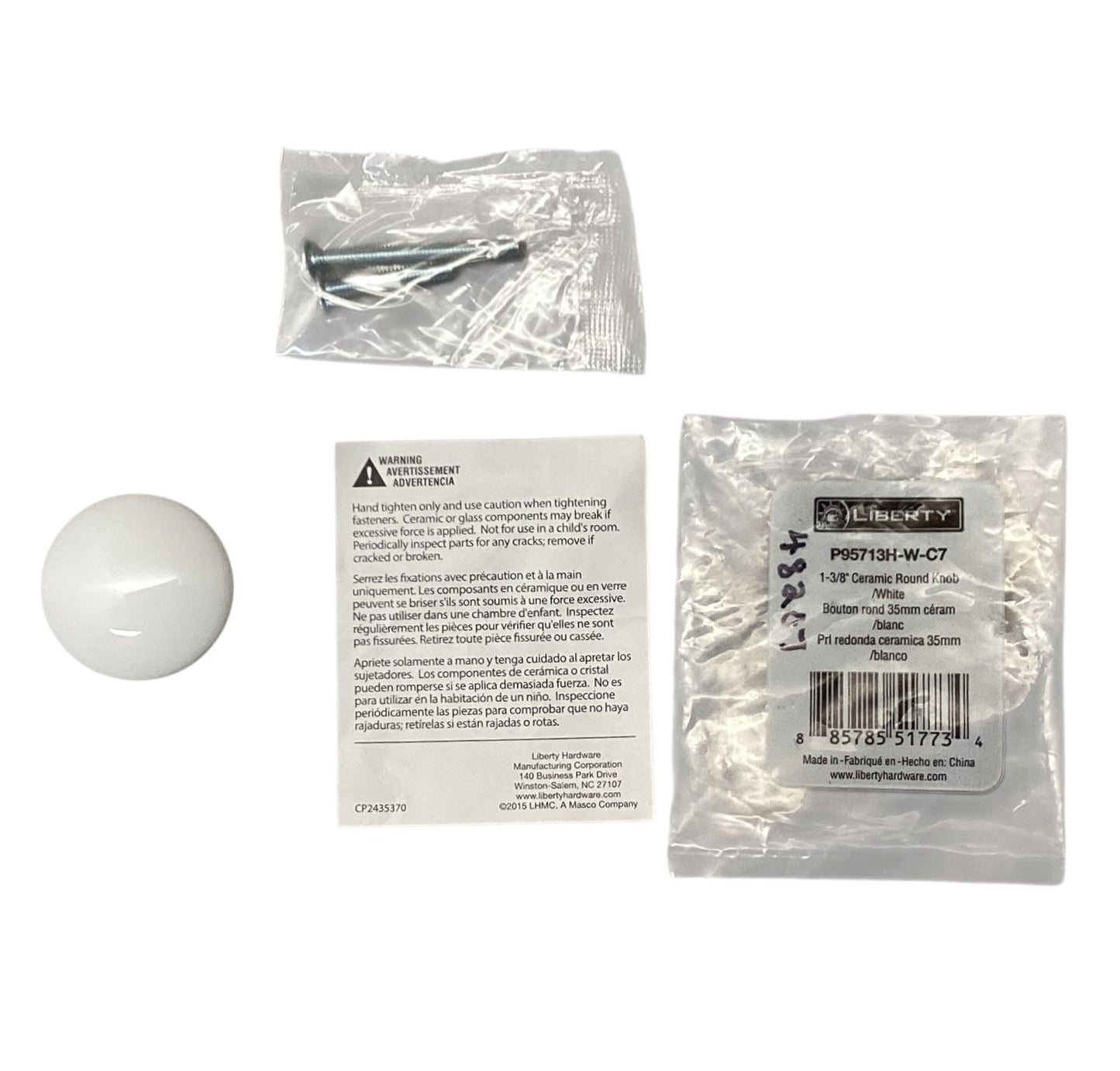 48207 - 1 3/8" Ceramic Round Knob White P95713H-W-C7 |5-10|