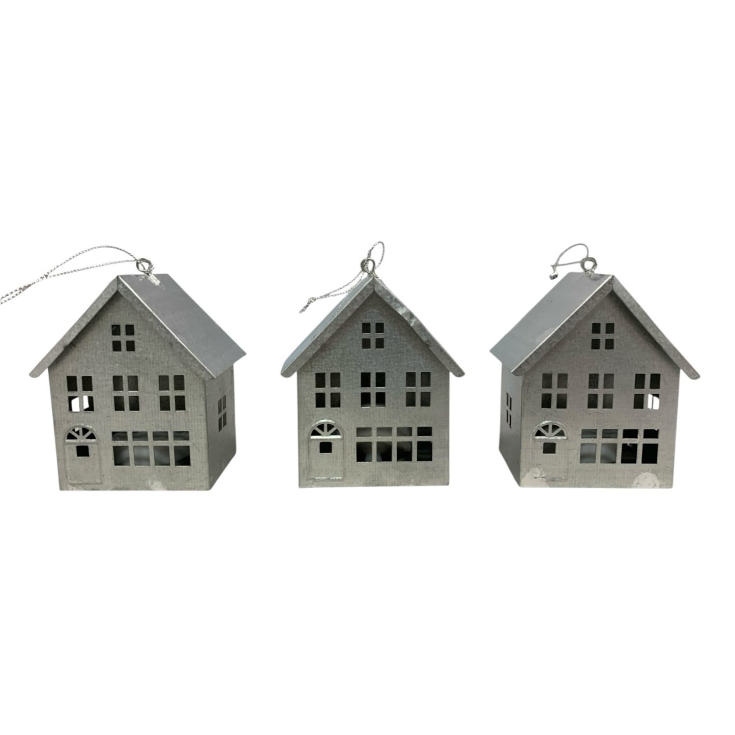 48355 - Set of Three 3.5-Inch Silver Metal House Ornaments for Modern Christmas Village |12-25|