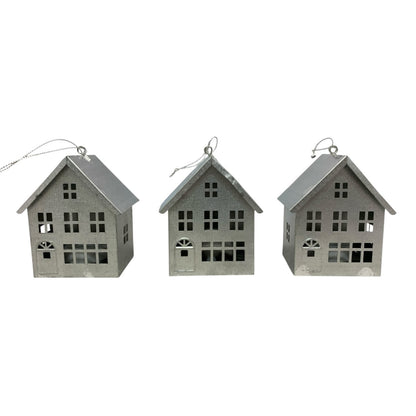 48355 - Set of Three 3.5-Inch Silver Metal House Ornaments for Modern Christmas Village |12-25|