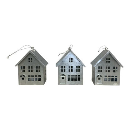 48355 - Set of Three 3.5-Inch Silver Metal House Ornaments for Modern Christmas Village |12-25|