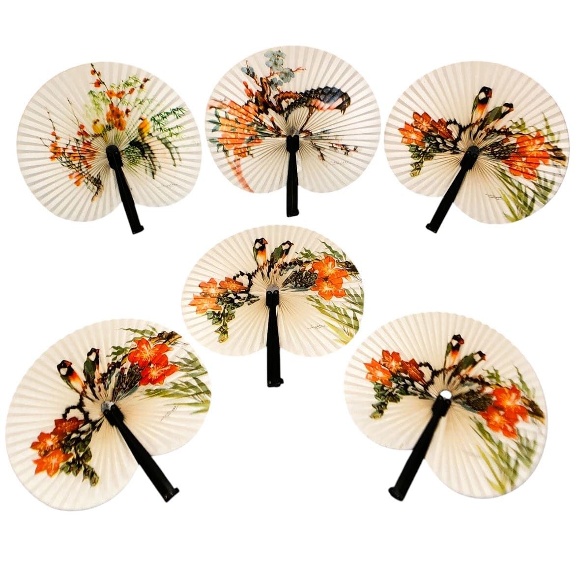 1108 - Set of 6 - 5.5" Black Decorative Fan With 2 Green Birds |25-B|
