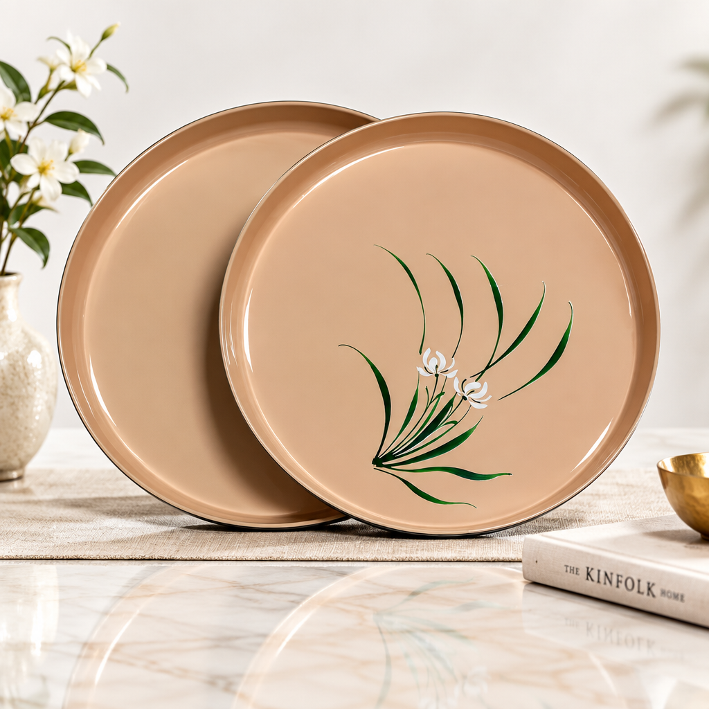 11906 - 12" and 13" Peach Flower Lacquer Tray Round 2pc