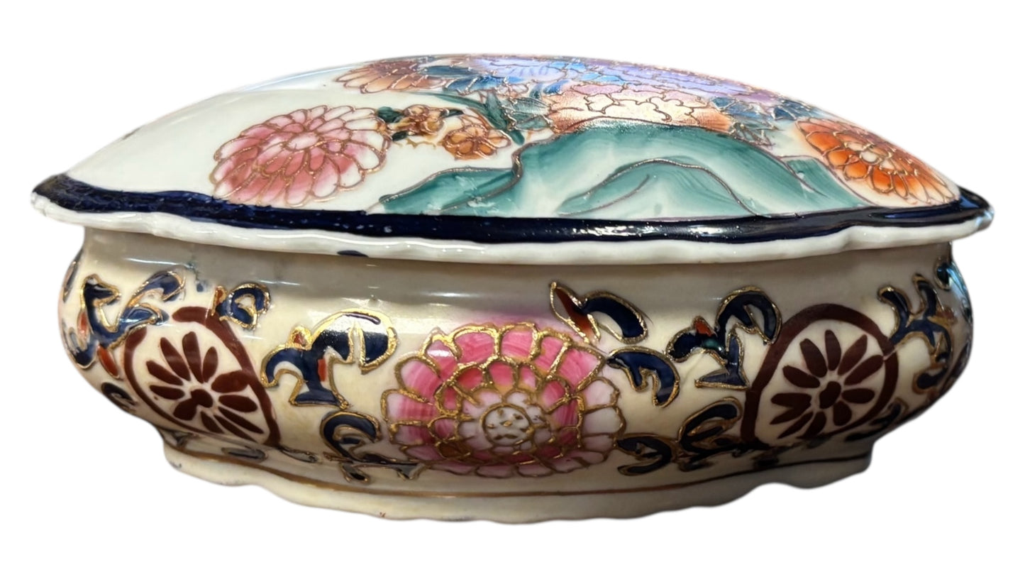 12637 - Vintage - 6" Satsuma Oval Trinket Box |F-15|