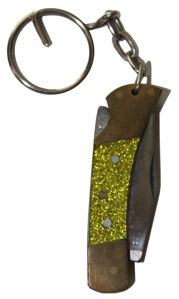12754 - Set of 4 Yellow Glitter Folding Knife With Keyring 4" Open |81|