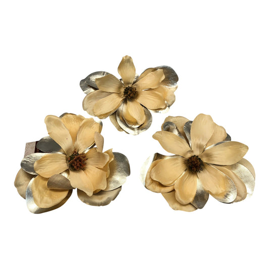 12892 - Set of 3  Beige/Silver Glitter Flower Clip